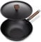 TinyLiving Carbon Steel Wok with Iron Lid, 33cm/5.6L Wok Non Stick No Chemical Coated/Wooden Handle/Flat Base Pan for 4-6 People, Stir Fry Pans for Induction Gas and Electric Stoves