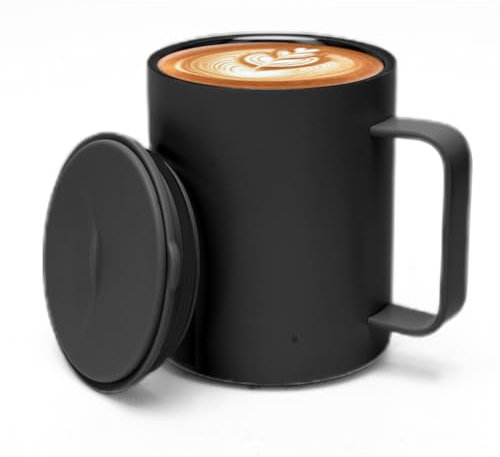 CEWROM Kaffeebecher 400 ml, Thermobecher aus Edelstahl, Doppelwandige Vakuumisolierte Kaffee und Teetasse mit rutschfestem Griff und Schiebemoduldeckel- großem Volumen (Schwarz)