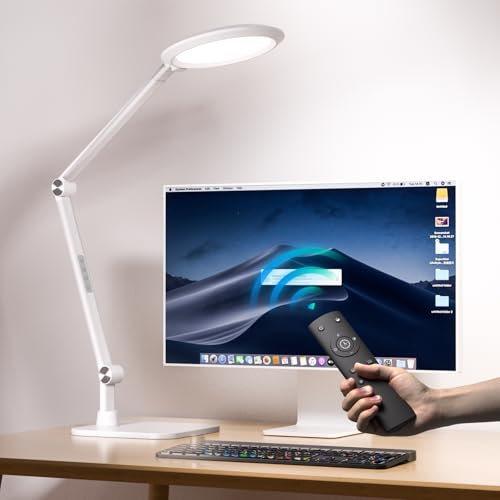 LED Schreibtischlampe, Tageslichtlampe Schreibtisch für Videokonferenzen, Büro Lampe mit Sockel, Dimmbar mit 4 Farbmodi, 18W Videolicht, Augenschonendes Arbeitsplatzleuchte für Homeoffice und Büro