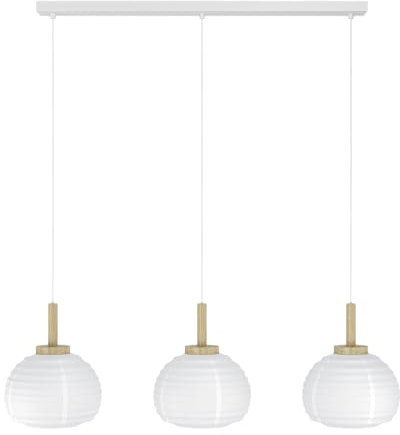 EGLO Hängelampe Summerhill, Pendelleuchte über Esstisch, Esszimmerlampe 3-flammig im Japan-Stil, Metall, Holz und Papier in Weiß, FSC-Zertifiziert, E27 Fassung, 92,5 cm