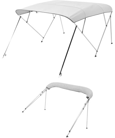 VEVOR Toldo Bimini para Barco 4 Arcos, de Poliéster 600D, Aleación de Aluminio, Impermeable y Parasol, Bolsa de Almacenamiento, 2 Postes de Soporte, 4 Correas, 244 x 173 x 137 cm, Gris Claro