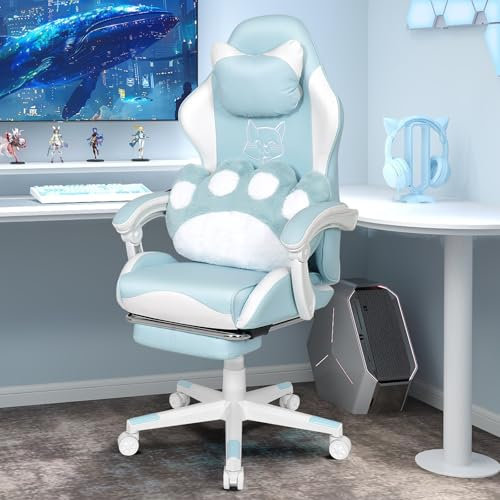 YU YUSING Cute Gaming Stuhl mit Katzenpfote Lendenkissen und Katzenohren, Ergonomischer Gamer Stuhl, Racing Computerstuhl PC Sessel mit Fußstütze Kopfstütze, für Mädchen, Teenager, Kinder, Blau