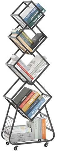 Cozykimo Mobiler Bücherschrank, Bücherregal Drehbar mit Räder, 5-Tier Bücherregal Schwarz, Büroregal, Standregal Offene Ablagen zur Aufbewahrung von Büchern, CDs, für Wohnzimmer, Home Office (black)