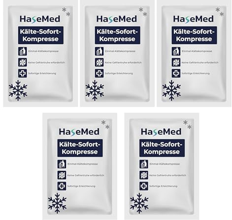 HaseMed Kälte-Sofort-Kompresse 15x21cm, 5 Stück. Einmal-Kältekompresse zur Kühlung bei Verletzungen, Prellungen & Schwellungen. Sofort einsatzbereit für Notfallset, Sport & unterwegs