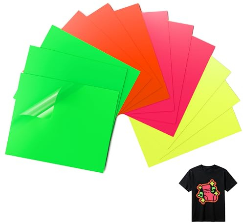 LIKCUT Neon Plotterfolie Textil, 12 Stück (30,5 cm × 25,4 cm) | Flexfolie für alle Plotter, Für DIY-Shirts, Turnbeutel & Namensschilder. 4 Farben Neon Iron-on Bügelfolien