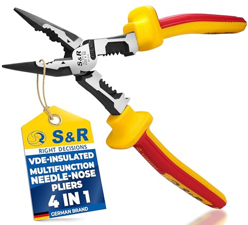 S&R Spitzzange Flachzange 220mm VDE isoliert 1000V - Elektriker Zange gesenkgeschmiedet 60CrV Stahl, Profi Elektrikerzange mit Abisolierfunktion AWG 10-18
