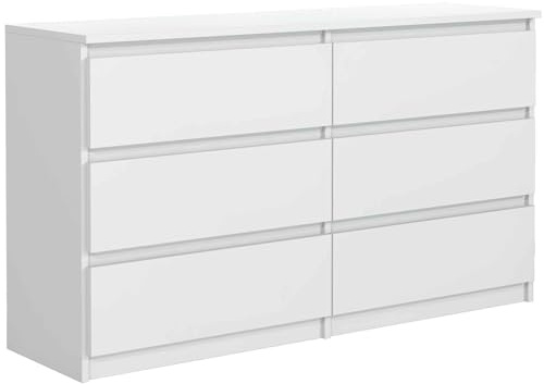 Masseno Kommode NUDO 100 cm Sideboard mit 6 Schubladen und Türen für Wohnzimmer Schlafzimmer Modern 100x39x78,5 cm Weiß/Weiß
