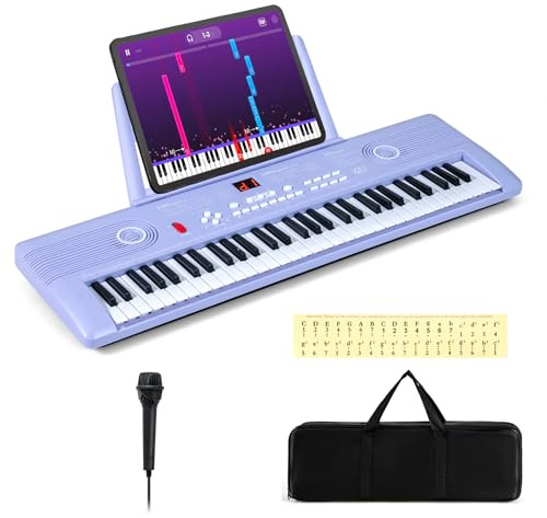 Maxmass 61 Key Electric Keyboard Piano, Portable Digital Piano with Microphone, Keynote Stickers, Music Stand, Music Instrument Electric Pianos for Beginners Kids Adults (Purple, 58x18x5cm)