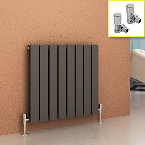 600 x 600 mm Anthracite Column Radiator Horizontal Double Flat Panel Designer Radiator with Angled Radiator Valves