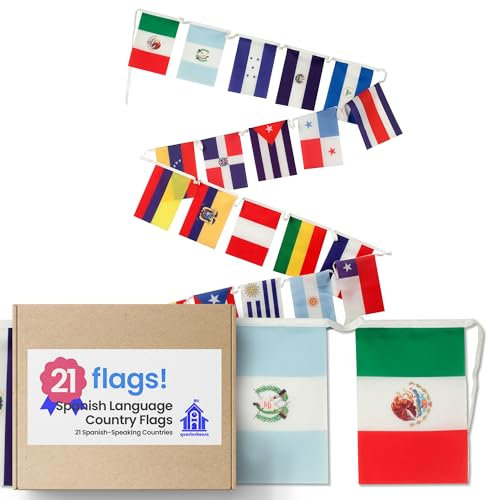 Quarterhouse 21 banderas de países en español para el aula, 18 países latinoamericanos más España, Puerto Rico y Guinea Ecuatorial, 21 banderas por banderín, poliéster, 8 x 12 pulgadas