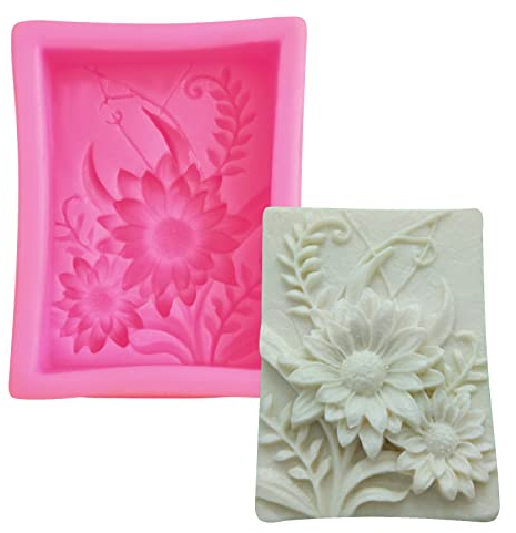 WANDIC Molde de silicona para jabón, 1 pieza molde rectangular para jabón con flor de girasol para decoración artesanal de jabón DIY