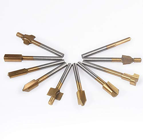 KATUR 10Pcs Titanium-Coated Router Bit Set, Mini HSS Router Bit Set, Milling Cutter fit Dremel Rotary Tools for DIY Woodworking, Carving, Engraving, Drilling (1/8 Inch Shank, 38mm Length)