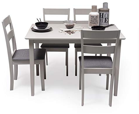 Homely - Conjunto de Comedor Kansas & Dallas Gray Mesa de Comedor de Madera lacada en Gris de 112x72 cm y 4 sillas de Comedor de Madera lacadas en Gris y Asiento tapizado de Tela Gris Oscuro