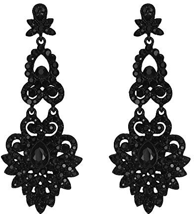 EVER FAITH Damen Ohrringe Kristall Hochzeit Vintage Party Abendessen Stil Floral Blatt Kronleuchter Ohrhänger Schwarz