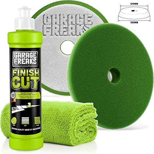 Garage Freaks - Step 3 - Finish Cut Set Finish Cut Hochglanzpolitur 250ml Finish Cut Foam Pad + Edgeless Superflausch Mikrofaser Poliertuch 40x40cm, 550GSM