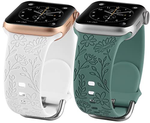 2 Pack Flower Engraved Sport Strap Compatible with Apple Watch Bands 38mm 40mm 41mm, Women Floral Laser Soft Silicone Wristband Replacement iWatch Series 7 6 5 4 3 2 1 SE