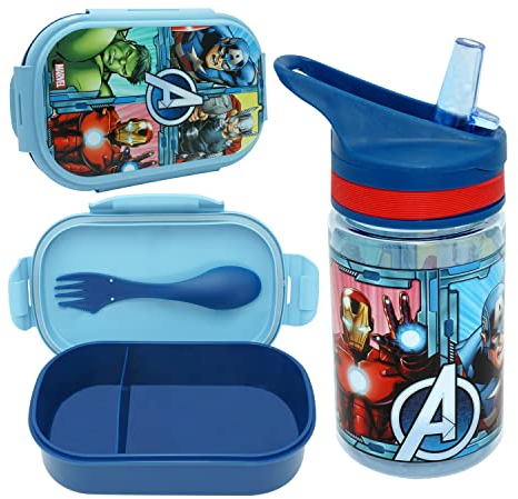 Juego de 2 fiambreras rectangulares de 8 pulgadas de Marvel Avengers, botella de agua Tritan Spork de 400 ml con pajita emergente para picnic de vuelta al colegio para niños a partir de 3 años