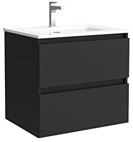 Salgar Mueble de baño Bequia 70 cm con Lavabo 100% montado de fábrica | Acabado Negro Mate suspendido 2 cajones Cierre amortiguado Apertura con uñero | Lavabo Porcelana Blanca | Marca