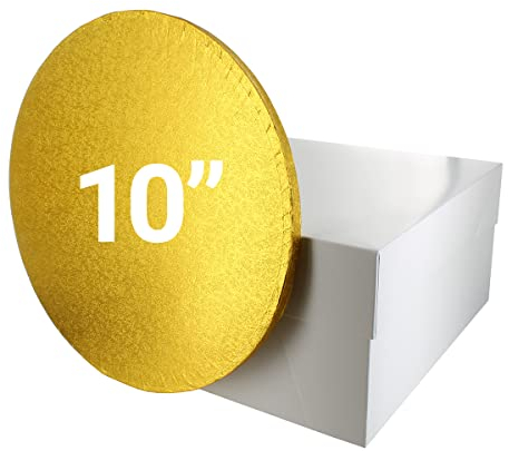 Culpitt 10 Gold Cake Board & White Box Combo, Round Drum With Matching, 0.5'' (13mm) Thick, Square Transport, 10 Inch Single Pack, 90271