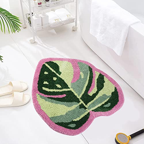 Carmoion Cute Monstera Bath Mat, Soft Absorbent Microfiber Leaf Bathroom Mat, Non-Slip Green Bath Rugs for Shower, Bathroom, Tub, Doormat Decor, Machine Wash Dry