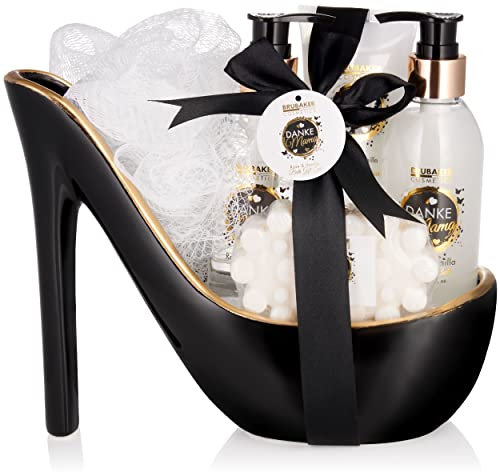BRUBAKER Cosmetics - Danke Mama - 6-teiliges Luxus Beautyset mit Rosen Vanille Duft - Geschenkset in Keramik Stiletto - Badeset Geschenk für die Mutter - Schwarz Weiß