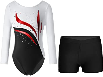 YOOJIA Kinder Mädchen Glitzer Turnanzug Langarm Trikot Leotard Gymnastikbody Tanz Body mit Shorts Kurze Hose Set Wettbewerb Tanzkostüm Weiß schwarz 146-152