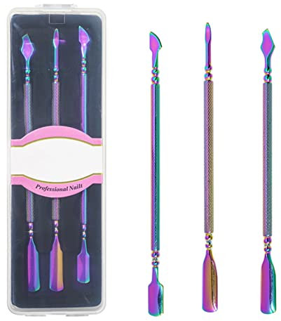 Quitte Faux Ongles Cuticule Booster Dissolvant de à Ongles Couleur des Ongles Or Acier Inoxydable Ensemble de Trois Pièces Coloré Anti Peau Morte Pousser Peau Morte Pelle Ensemble (AS Show, One Size)