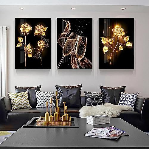 Noir Doré Rose Fleur Affiche Plante Toile Tableau Art Peintures Decoration Murale pour Salon Chambre Tableau Decoration, sans Cadre (3X50X70CM)