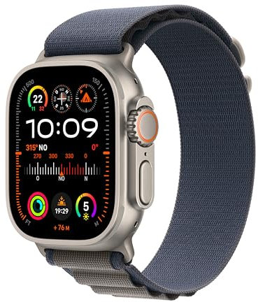 Apple Watch Ultra 2 GPS + Cellular 49mm Smartwatch con robusta cassa in titanio e Alpine Loop blu - Medium. Fitness tracker, GPS di precisione, tasto Azione, batteria a lunghissima durata