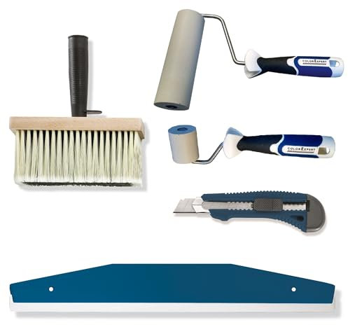 BODENMEISTER Tapezierset Vliestapete Tapezierwerkzeug Schneidehilfe, Tapezierrolle, Quast, Cutter, Nahtroller, 5-teilig, blau