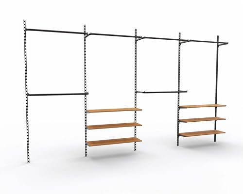 Wandschienensystem Sets New York in Schwarz, Wandschienen H-Lochung, Konfektionsrahmen und Holzböden, Verkaufswand beliebig erweiterbar, Ladenbausystem Textil-Regalsystem (Buche, 4er Set)