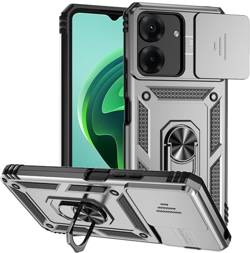 XINYEXIN Armor Hülle für Xiaomi Redmi 13C 4G/Poco C65 4G mit Kameraschutz | 360 Grad Ringhalter, Stoßfest Handyhülle, Kameraabdeckung, Robuste Schutzhülle, Kickstand, Kratzfest, Silber