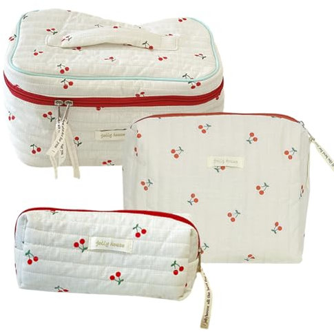 Juoxeepy Trousse de maquillage matelassée en coton Motif floral Trousse de toilette Jolly House, B05 - Lot de 3 - Imprimé Cerise