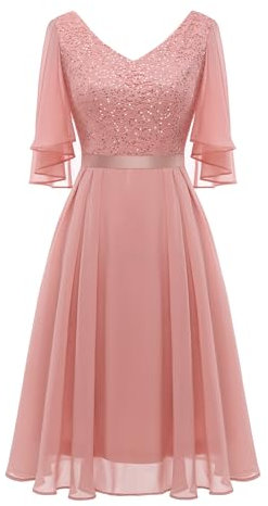 Dressystar Cocktailkleid Damen Elegant Große Größen Festliche Damenmode mit Pailletten Overlay V-Ausschnitt Sommer Kleid Blush XXL
