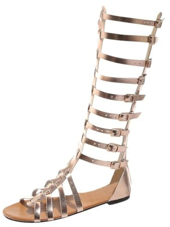 ticticlily Damen Langschaft Sandalen Gladiator Sandalen aus Leder Kalb Hohe Sandalen mit Reißverschluss Hinten am Schaft Riemchen Flache Sommerschuhe für Frauen D Gold 36 EU