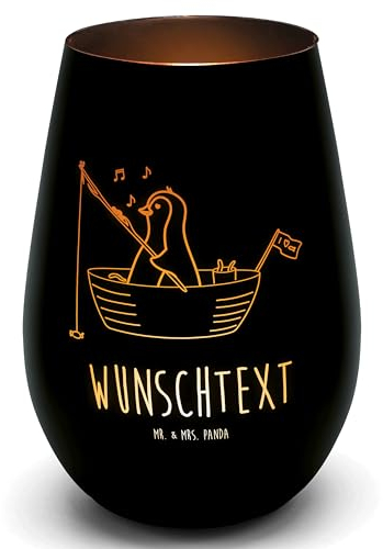Mr. & Mrs. Panda Gold Windlicht Personalisiert Pinguin Angelboot - Personalisierte Geschenke, Trennung, Personalisiertes Windlicht mit Namen,