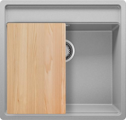 PRIMAGRAN Unterbauspüle Granit Grau 56x53cm, Spülbecken 1 Becken + Ablauf-Set + Schneidebrett, Granitspüle ab 60er Unterschrank - Bergen Low Cut Top S077