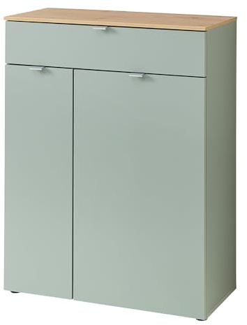 Lomadox Kommode Flurkommode Sideboard Highboard Schuhschrank mit Schubkasten grün matt mit Eiche 78x102,1x37,4 cm