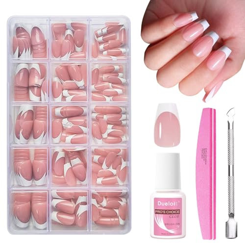 French False Nails Kit - 240pcs Acrylic False Nails Set - Medium Length Coffin Shape False Nails with Manicure Tool - 15 Different Sizes Glossy Full Cover Stick on Nails