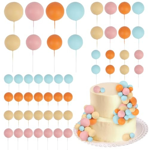 CORNER LACE Vintage Ball Cake Decorations - Ball Dessert Picks Cake Cupcake Toppers, Birthday Party Baby Shower Gender Reveal Cake Supplies (52, Blue & Pink & Orange)