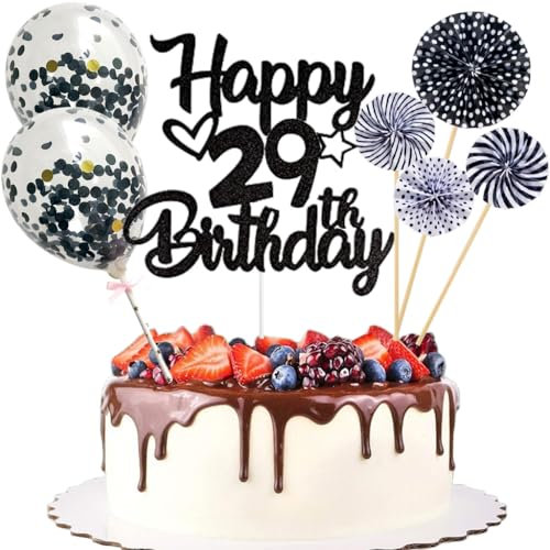 Anlgdi Tortendeko 29. Geburtstag Mann Frau, Kuchen Topper Happy 29th Birthday Schwarz, Glitzer Cake Topper 29. Geburtstag Ballons Konfetti Papierfächer für Geburtstagstorte Deko 29 Jahre Frauen Männer