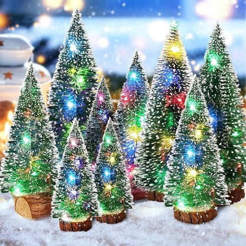 Vleuexe Mini árbol de Navidad Artificial,9PCS de árbol de Navidad de Mesa con Luces,Decoración de Fiesta de Navidad,Árbol de Navidad Artificial,con Bases de Madera y lucesAdornos de Mesa en Miniatura
