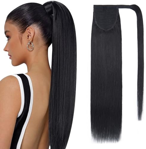 SEGOHAIR Pferdeschwanz Haarteil Echthaar Extensions Zopf 16(40cm) Clip in Extensions Echthaar Lang Glatt Echte Haare Extensions Echthaar Remy Pechschwarz-80g