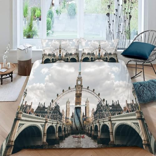 VULORA Bettwäsche 135x200 Londoner Big Ben Bettbezug mit Reißverschluss 100% Mikrofaser Bettwäsche-Sets für Junge Mädchen 3D Druck Stadtansicht Kinderbettwäsche mit 2 Kissenbezüge 80x80cm Sommer A300