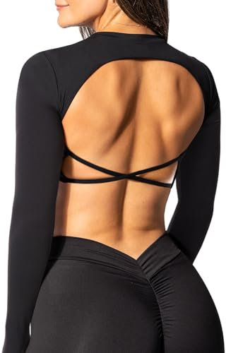 Navneet Sport Oberteile Damen Rückenfrei Sportshirt Langarm Langarmshirts Sport Gym Yoga Top mit BH Crop Top Fitness Schwarz S