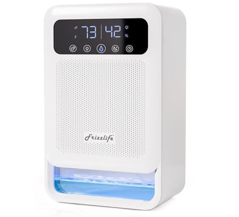 Frizzlife Dehumidifier With Air Purifier, 4 Litres Water Tank,(1000 Sq.Ft) Quiet Small Dehumidifiers With Sleep Mode For Home, Bedroom, Bathroom, Basement W/Auto Shut Off, 7 Colors LED Light, White