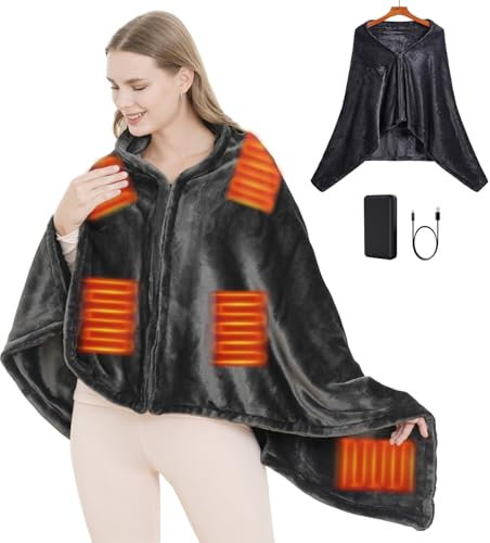 SNZ USB Heizdecke mit 10000mAh Akku, 150 x 80 cm Kabellos Heated Blanket, 3 Temperatursstufen, Flanell Einzelperson Electric Blanket Shawl, Wärmedecke für Büro Mittagspause, Outdoor-Reisen