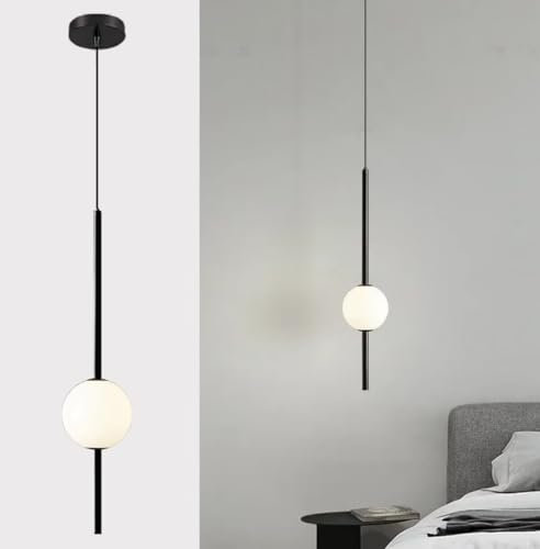 Modern Pendelleuchte Kugel, Nordisch Nachttisch Hängelampe Schlafzimmer Einfache Lange LED Sphärische Deckenlampe Schwarz Metall, für Esszimmer, Wohnzimmer, Kücheninsel, Loft 1 Lichter