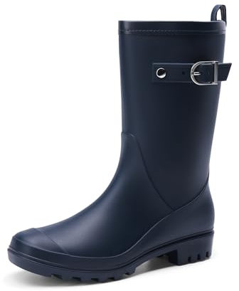 DREAM PAIRS Women's Navy Mid-Calf Wellington Rain Boots, Size 8 UK, Model SDRB2408W-E