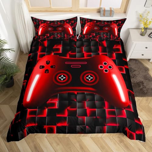 Gaming Bettwäsche Sets 135x200 für Jungen Rote Spielkonsole Kinder 3D Schwarz Gamer Tröster Bezug 1 Kissenbezug für Jungen Mädchen Leichte Geometrische Gamepad Bettbezug Schlafzimmer Set Rot Schwarz